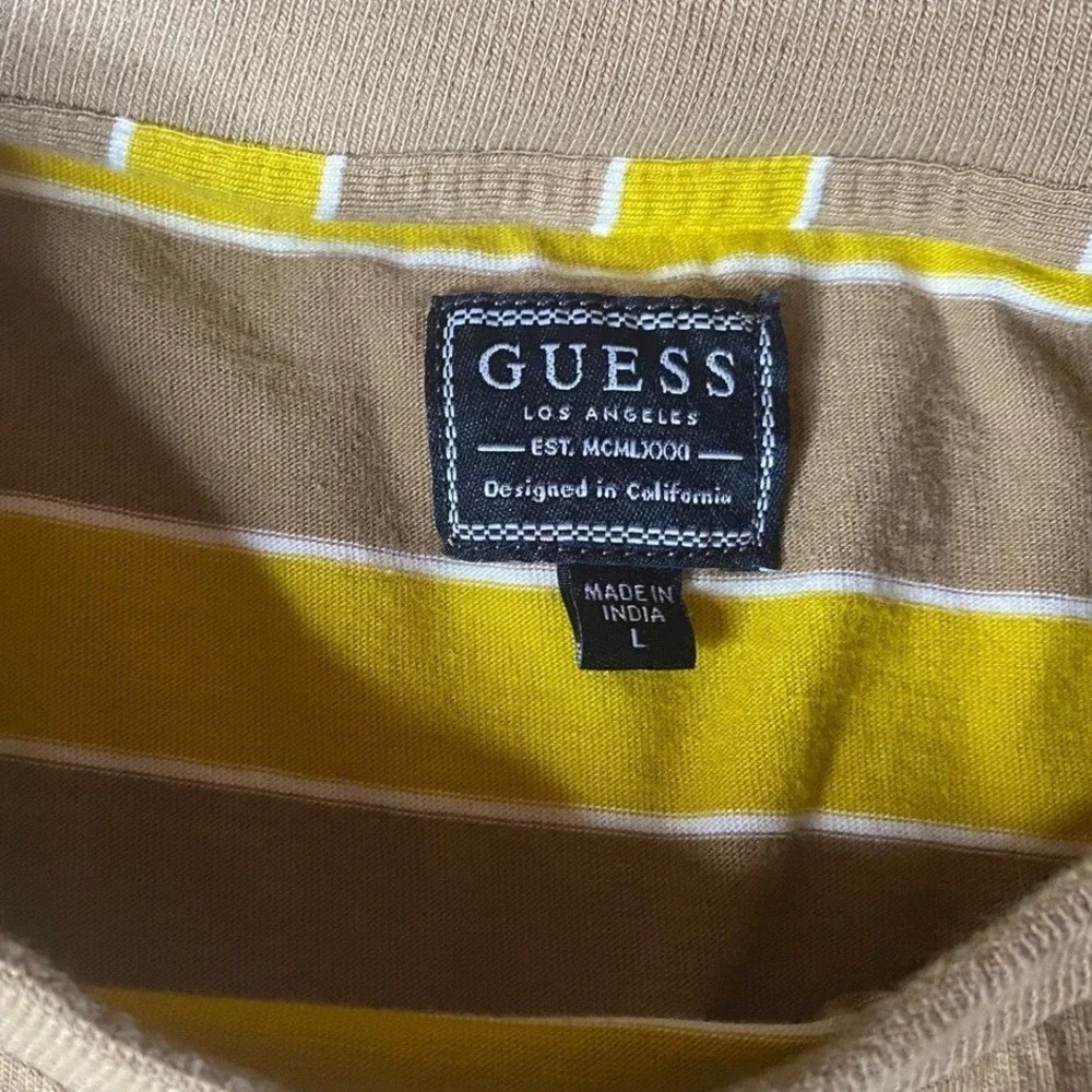 GUESS Striped T-Shirt Mens Large Brown Gold Retro Y2K Streetwear - Picture 3 of 5